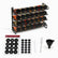 Black metal 4-tier spice rack with 28 glass jars of colorful spices and black lids, with black Arabic and English spice labels, blank labels, white chalk pen, cleaning brush and black silicone funnel