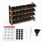 Black metal 4-tier spice rack with 28 glass jars with black lids, clear Arabic and English labels and accessories
