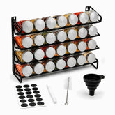 Black metal 4-tier spice rack with 28 glass jars with silver lids, blank chalkboard labels, chalk marker, brush and funnel