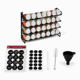 Black metal 4-tier spice rack with 28 glass jars with silver lids, black round Arabic and English labels and accessories