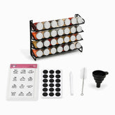 Black metal 4-tier spice rack with 28 glass jars with silver lids, clear Arabic and English labels and accessories