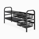 Black metal 2-tier expandable under-sink rack with 5 sliding wire baskets, empty