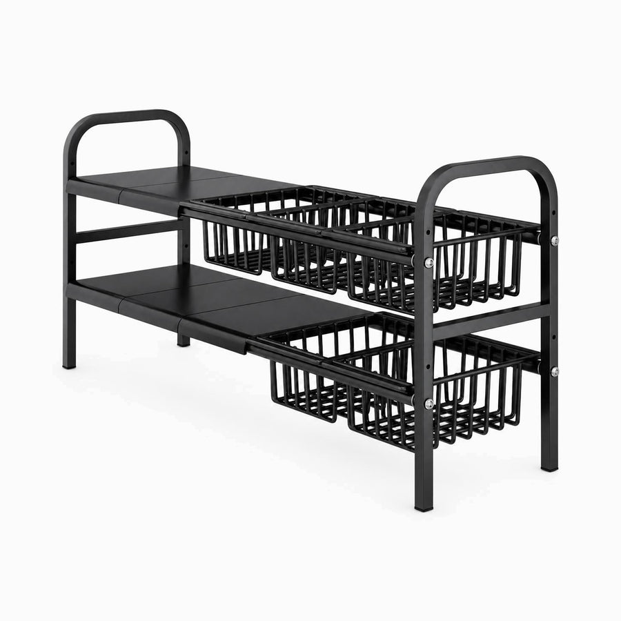 Black metal 2-tier expandable under-sink rack with 5 sliding wire baskets, empty