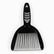 Black mini dustpan with nested hand brush, grey rubber grip pads and silver-white bristles, top view