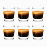 Mini Glass Cups Set of 6 50ml, six clear glass cups filled with espresso and golden crema in 2 rows