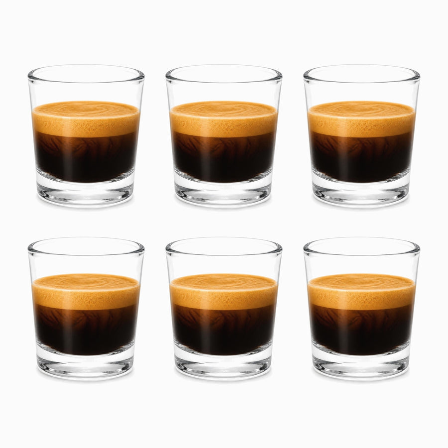 Mini Glass Cups Set of 6 50ml, six clear glass cups filled with espresso and golden crema in 2 rows