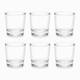 Set of 6 mini clear glass cups with heavy solid base arranged in 2 rows