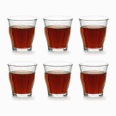 Paneled Tea Glasses Set of 6 95ml, six clear paneled glasses filled with red tea in 2 rows