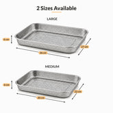 Large 36 x 27 x 6 cm and medium 30 x 22 x 6 cm perforated stainless steel drainer trays with dimensions