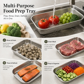 Perforated stainless steel tray in a sink rinsing tomatoes and grapes under running water, with smaller views of draining shellfish and meat, thawing salmon and sliced vegetables