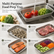 Perforated stainless steel tray in a sink rinsing tomatoes and grapes under running water, with smaller views of draining shellfish and meat, thawing salmon and sliced vegetables
