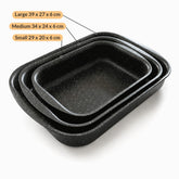 Granite baking pan sizes: large 39 x 27 x 6 cm, medium 34 x 24 x 6 cm, small 29 x 20 x 6 cm