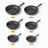 Six Phoenix granite frying pans lined up from 30 to 20 cm with size labels