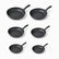 Six Phoenix granite frying pans in sizes 20, 22, 24, 26, 28 and 30 cm lined up from largest to smallest