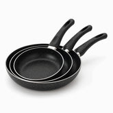 Phoenix black granite frying pans set of 3 nested with speckled handles and steel rims