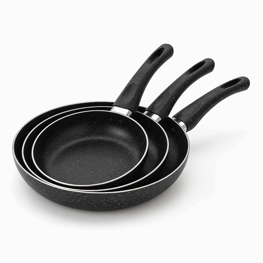 Phoenix black granite frying pans set of 3 nested with speckled handles and steel rims