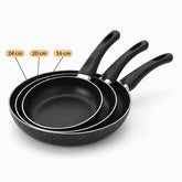 Granite frying pan set sizes: 24 cm, 20 cm and 16 cm