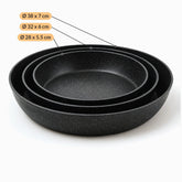 Round granite pan sizes: 38 x 7 cm, 32 x 6 cm and 28 x 5.5 cm