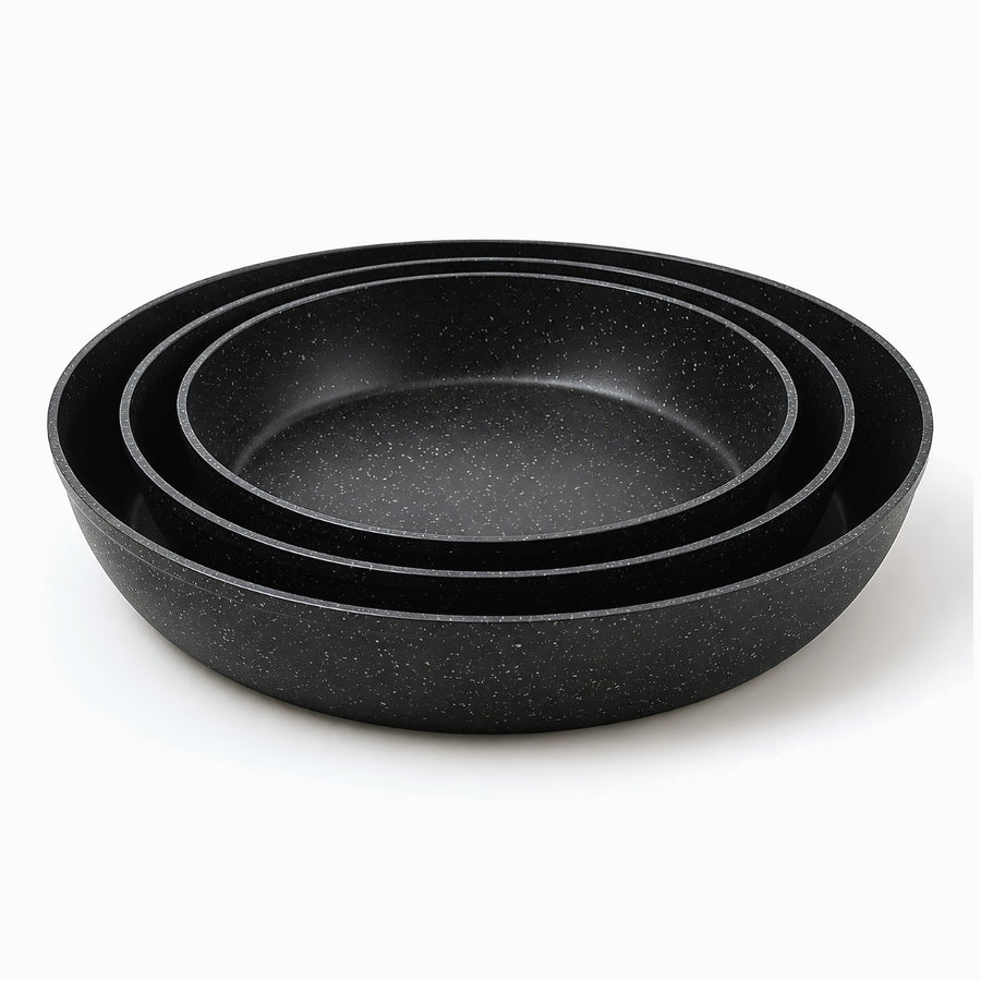 Phoenix black granite round pans set of 3 nested, no handles, speckled non-stick coating