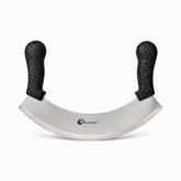 Stainless steel curved pizza cutter with two black speckled granite handles and Phoenix logo on the blade