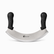 Stainless steel curved pizza cutter with two black speckled granite handles and Phoenix logo on the blade