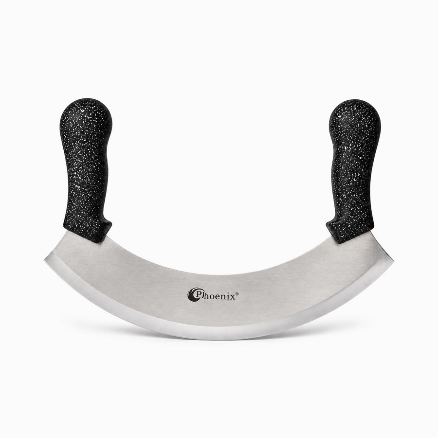 Stainless steel curved pizza cutter with two black speckled granite handles and Phoenix logo on the blade