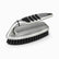 Silver plastic scrub brush with black rubber grip pads, arched handle and black bristles
