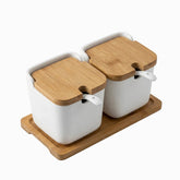 Porcelain Canister Set with Bamboo Tray - 2 white canisters with bamboo lids and spoons