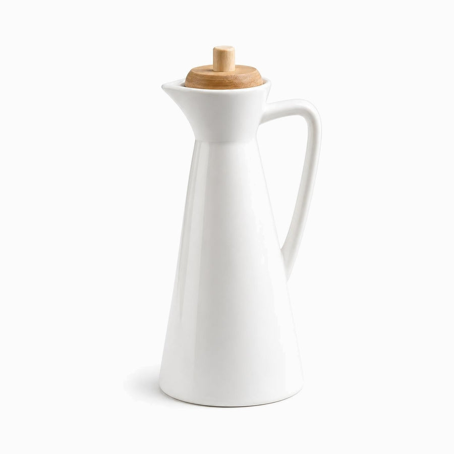 White glossy porcelain oil dispenser 700ml with pouring spout, handle and bamboo lid