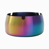 Rainbow iridescent stainless steel round ashtray with 3 cigarette notches