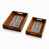 Large and small brown wooden trays with handle slots and silver geometric lattice inlays