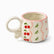 Cream ceramic mug with pink rim, wavy pink stripes, red cherries, green sprigs and pink flowers