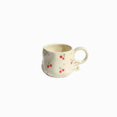 Red & Pink Butterfly Ceramic Mug - cream mug with red cherries and curly handle