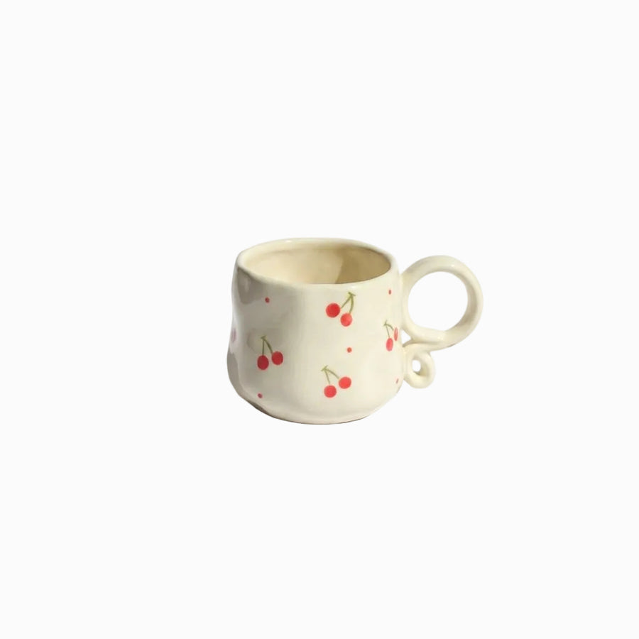 Red & Pink Butterfly Ceramic Mug - cream mug with red cherries and curly handle
