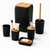 Black ribbed bathroom accessories set of 6 with bamboo: bin, tumbler, toothbrush holder, soap dispenser, toilet brush holder and soap dish
