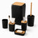 Black ribbed bathroom accessories set of 6 with bamboo: bin, tumbler, toothbrush holder, soap dispenser, toilet brush holder and soap dish