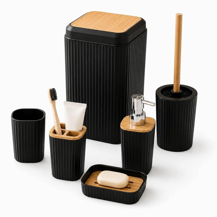 Black ribbed bathroom accessories set of 6 with bamboo: bin, tumbler, toothbrush holder, soap dispenser, toilet brush holder and soap dish