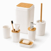 White ribbed bathroom accessories set of 6 with bamboo: bin, tumbler, toothbrush holder, soap dispenser, toilet brush holder and soap dish