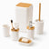 White ribbed bathroom accessories set of 6 with bamboo: bin, tumbler, toothbrush holder, soap dispenser, toilet brush holder and soap dish