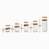 Ribbed glass jars with burnt wood lids in 5 sizes: 250, 460, 600, 720 and 1150 ml, 7 to 23 cm tall