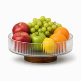 Large ribbed glass bowl on acacia wood base, 26cm, with apples, oranges, lemon and grapes