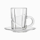Ribbed glass tea cup with handle and saucer, single cup