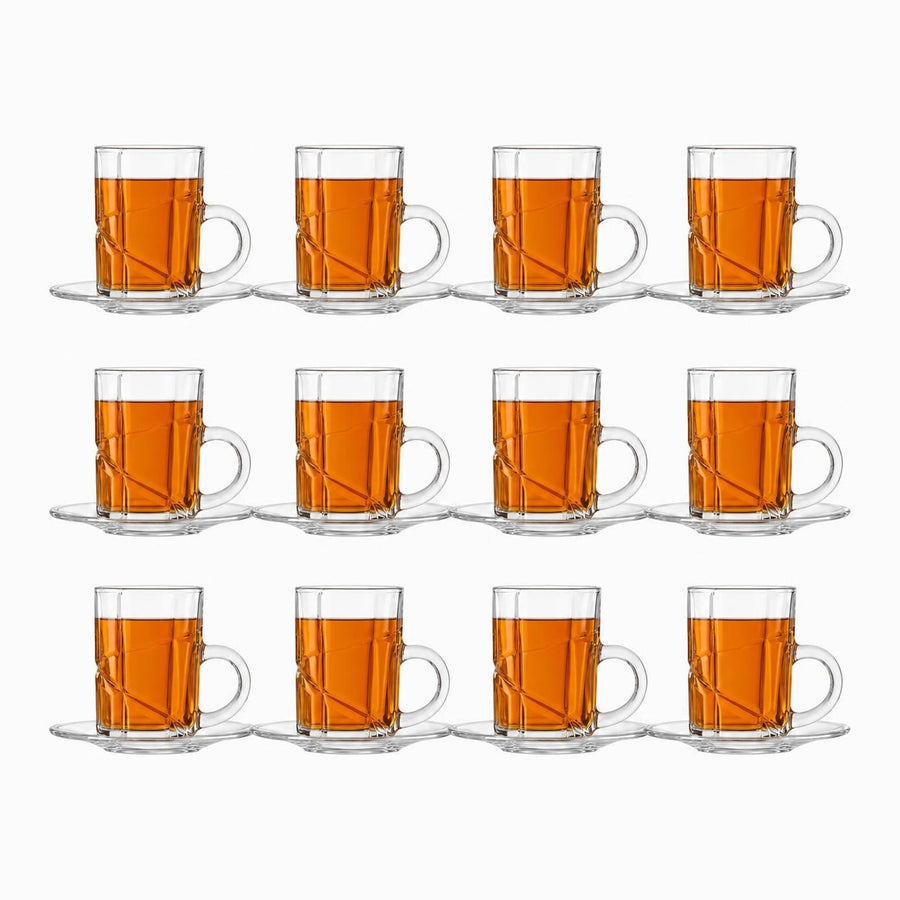 Ribbed Glass Tea Cups & Saucers, Set of 12 - filled with tea