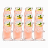 12 tall curved ribbed glasses with rose-water lemonade, lemon and mint, in 3 rows