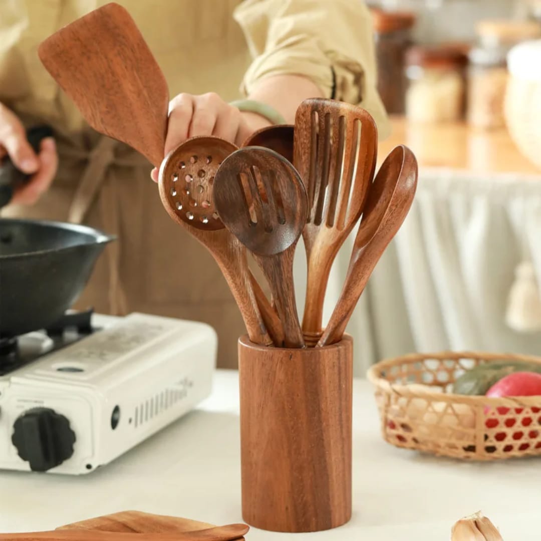 Dark Wooden Cooking Utensils Set