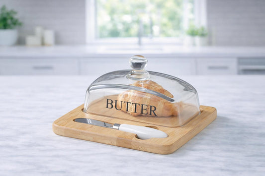 Butter Bamboo Plate with Glass Dome