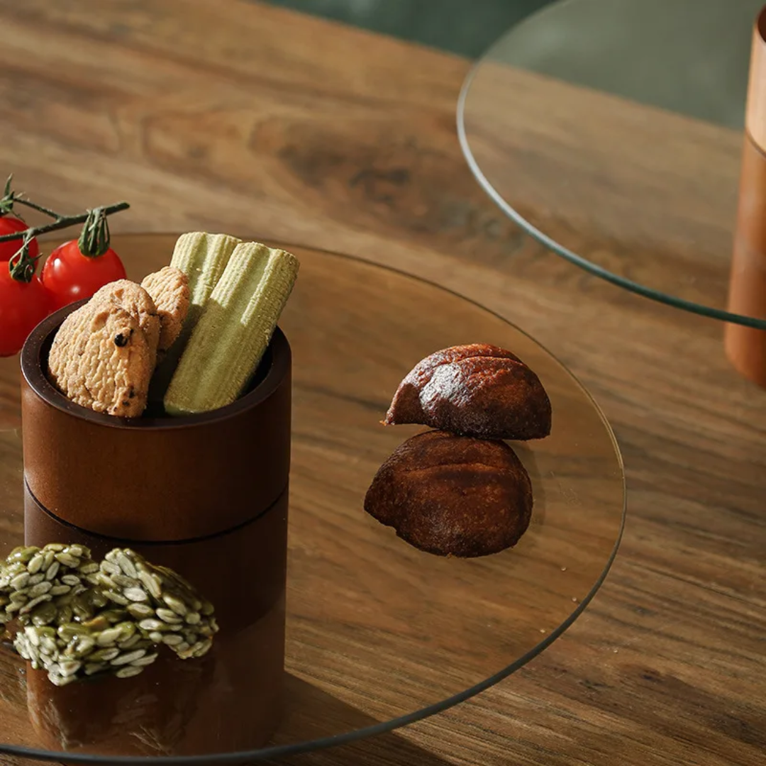 Glass Serving Stand with Raised Center and Acacia Base | 30cm Diameter