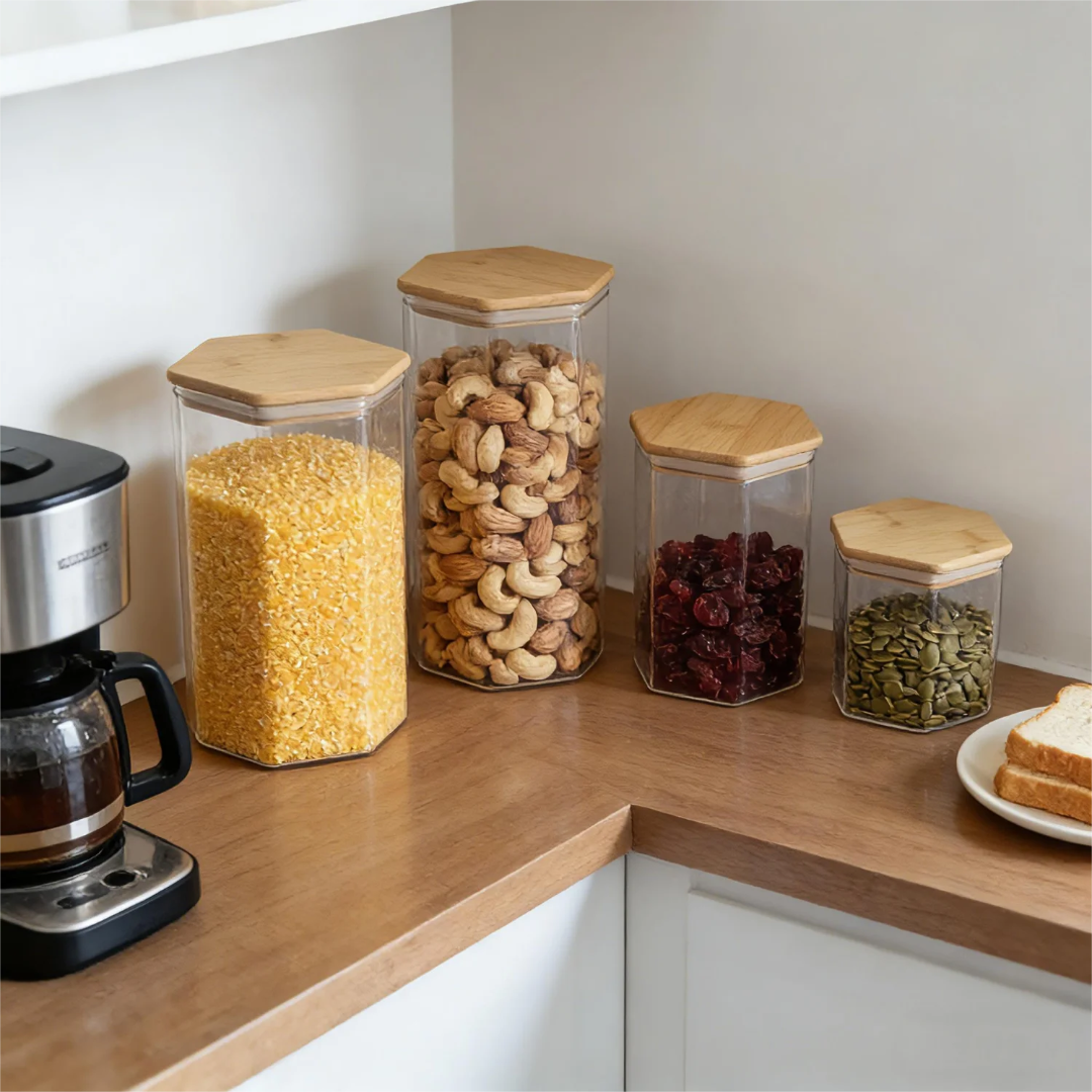 Hexagonal Airtight Glass Jars with Bamboo Lids