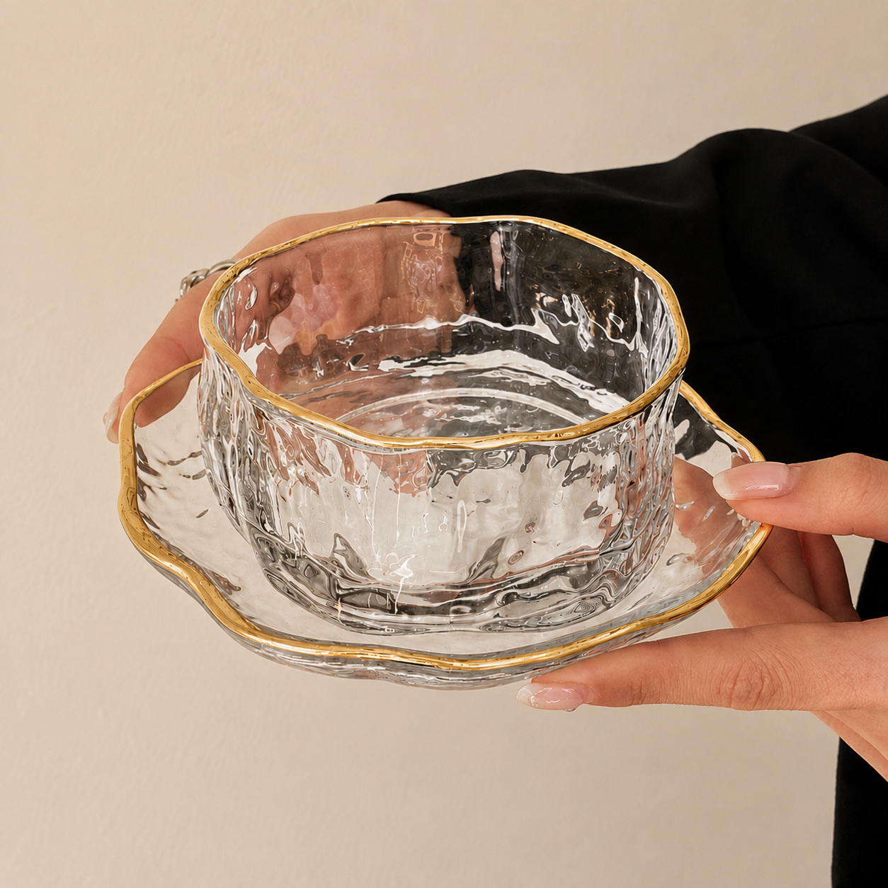 Glass Wavy Bowl with Saucer| 6 pieces