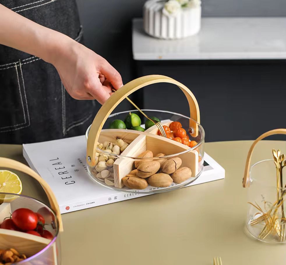 Glass Serving Tray with Bamboo Handle